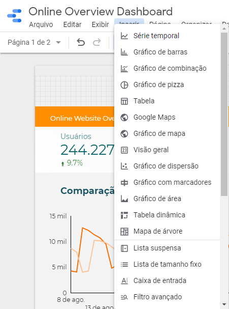 Inserindo tipos de gráficos e visualizações ao Google Data Studio